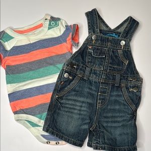 Oshkosh Denim short Overalls and Striped Bodysuit Set